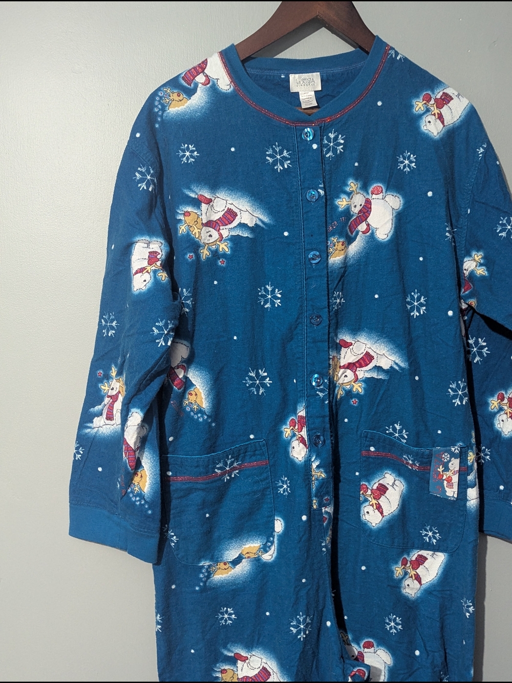 La Senza Vintage Women's Teal Snowman Fleece One-Piece Pajamas Whimsical Holiday - Picture 4 of 16